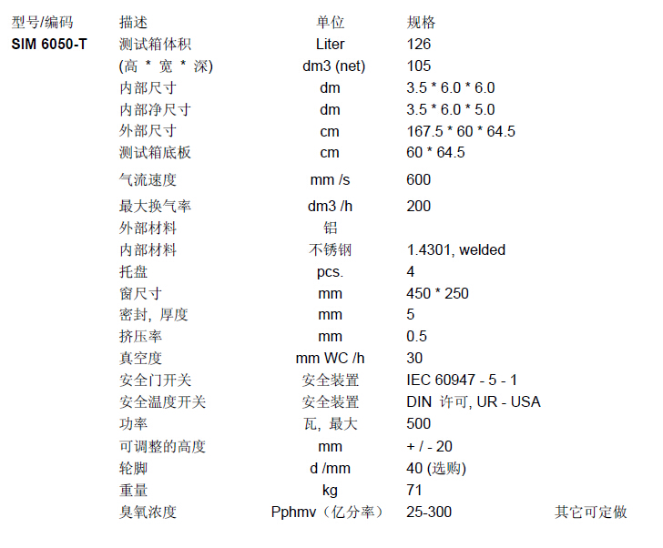 臭氧試驗箱產品參數